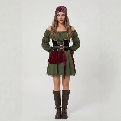 Pirate costume dress with headscarf, dark green puff sleeves and skirt, black corset belt
