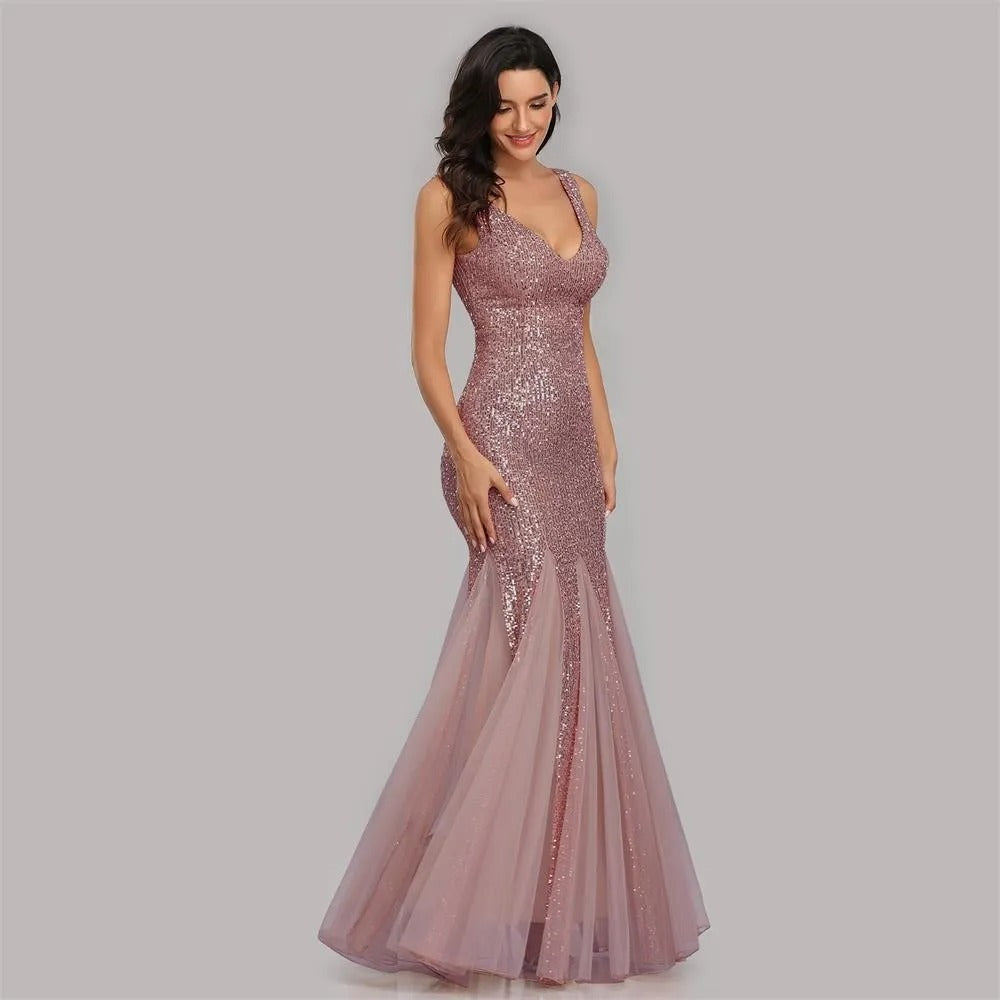 Sequin Mermaid Fishtail Evening Gown - Double V-Neck Tulle Hem