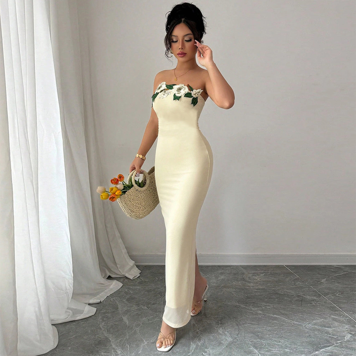 Strapless Backless Maxi Dress - 3D Floral Detail - Fashions Envy