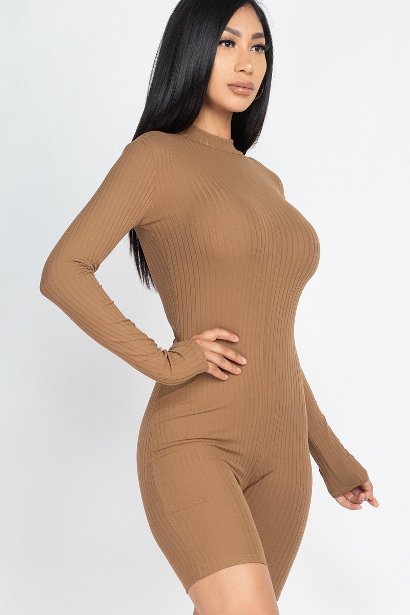 Rear Zipper Ribbed Knit Fitted Romper
