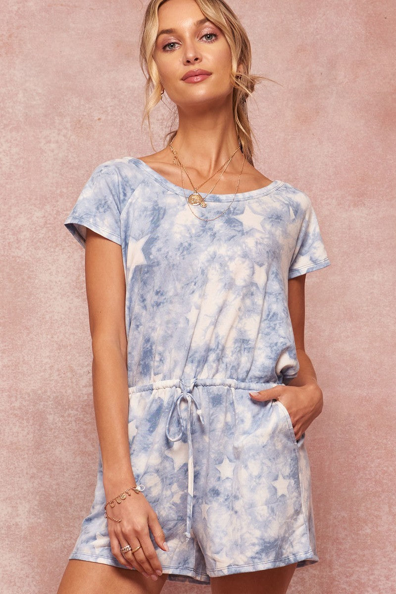 A Star-pattern Tie-dye Knit Romper - Fashions Envy