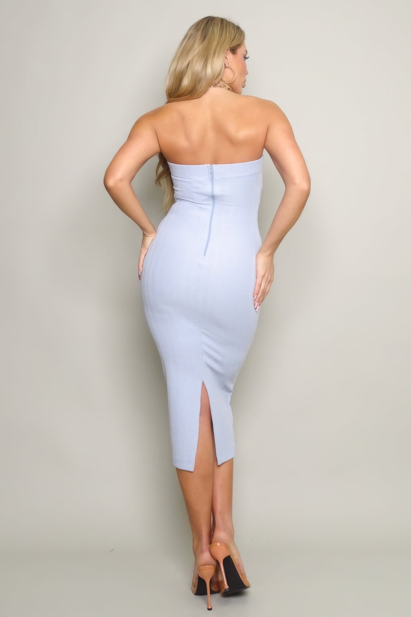 V-Strap Knit Tube Form Fitted Midi Dress