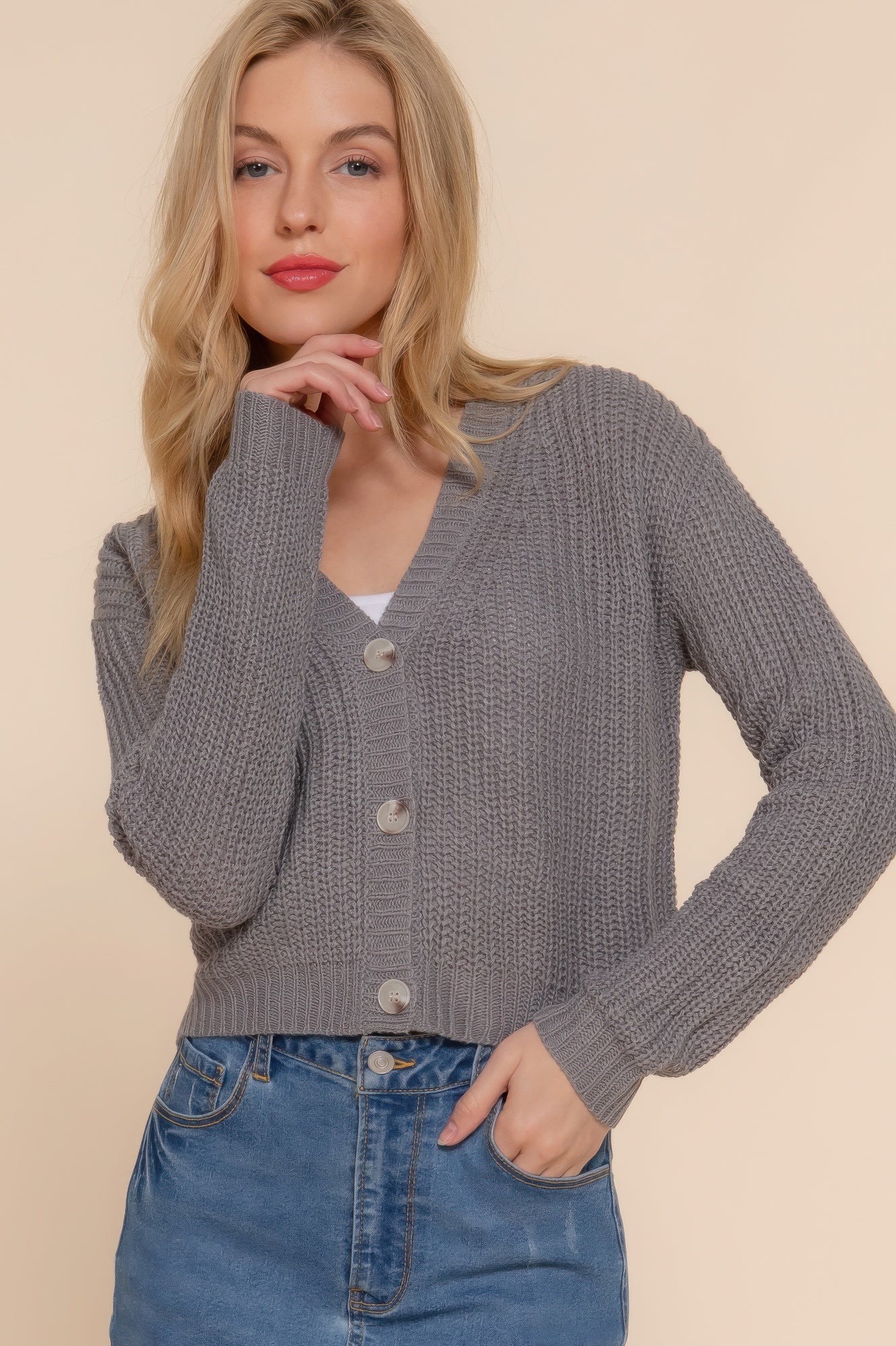 Button Up Long Sleeve V-neck Cardigan Sweater