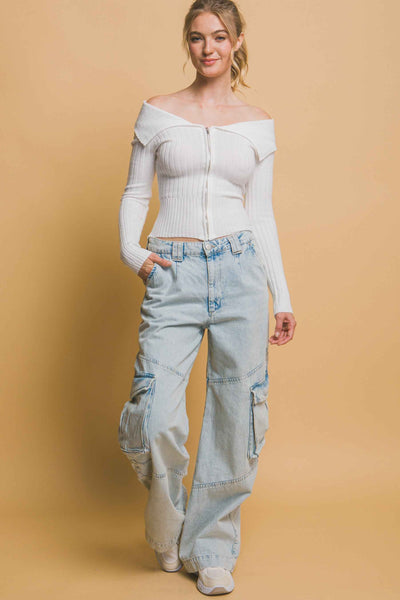 Ribbed Bardot Zip Up Long Sleeve Top