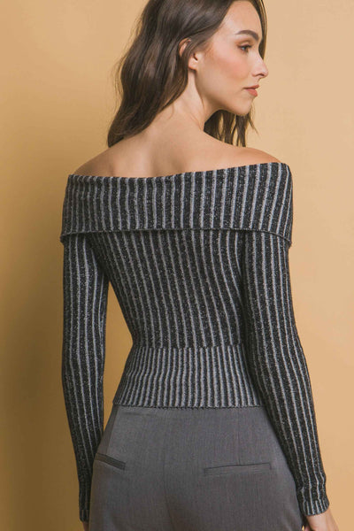Ribbed Bardot Zip Up Long Sleeve Top