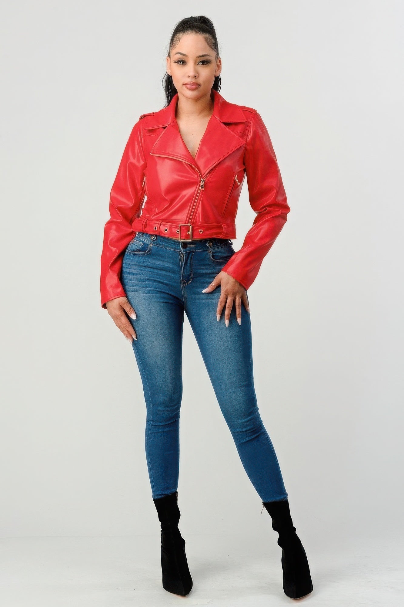 Wide Collar Buckle Belt Pu Leather Jacket - Fashions Envy