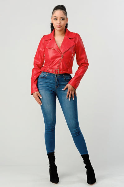 Wide Collar Buckle Belt Pu Leather Jacket - Fashions Envy