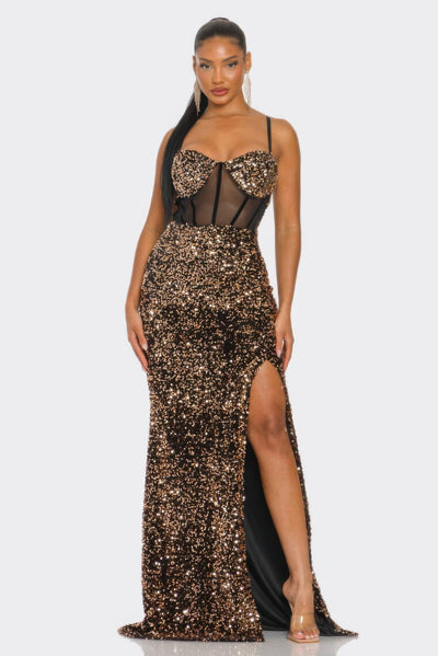 Cecily Teddy Velvet Corset Maxi Dress - Fashions Envy