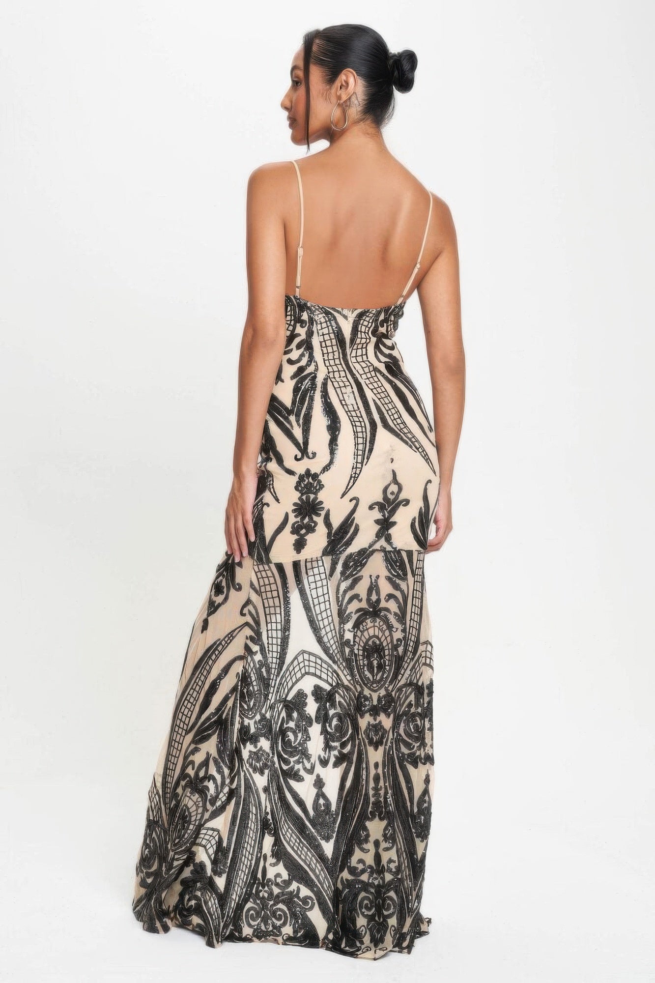 Black Spaghetti Strap Art Deco Sequins Maxi Dress - Fashions Envy