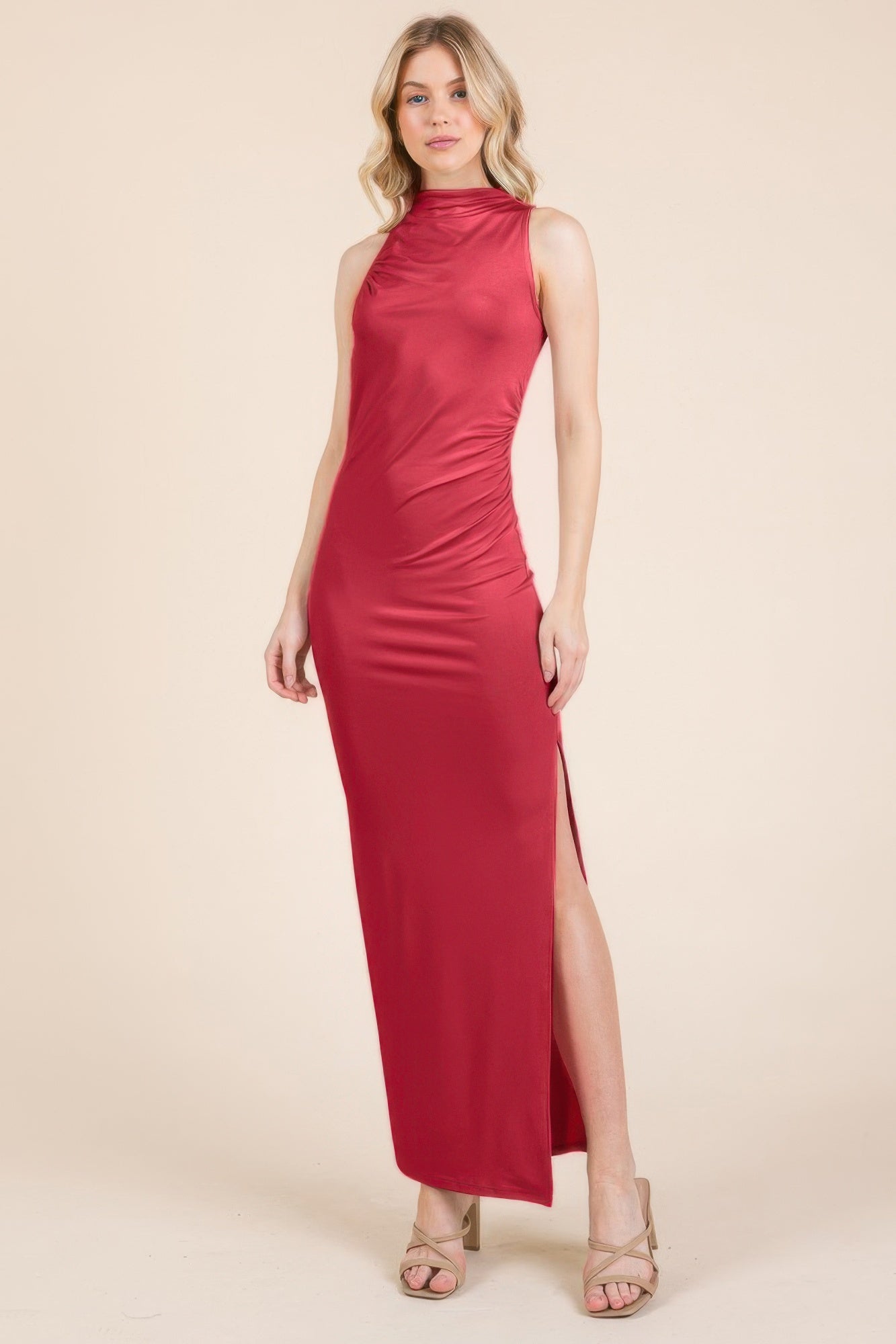 Back Cut Out Side Shirring Side Slit Maxi Dress - Fashions Envy