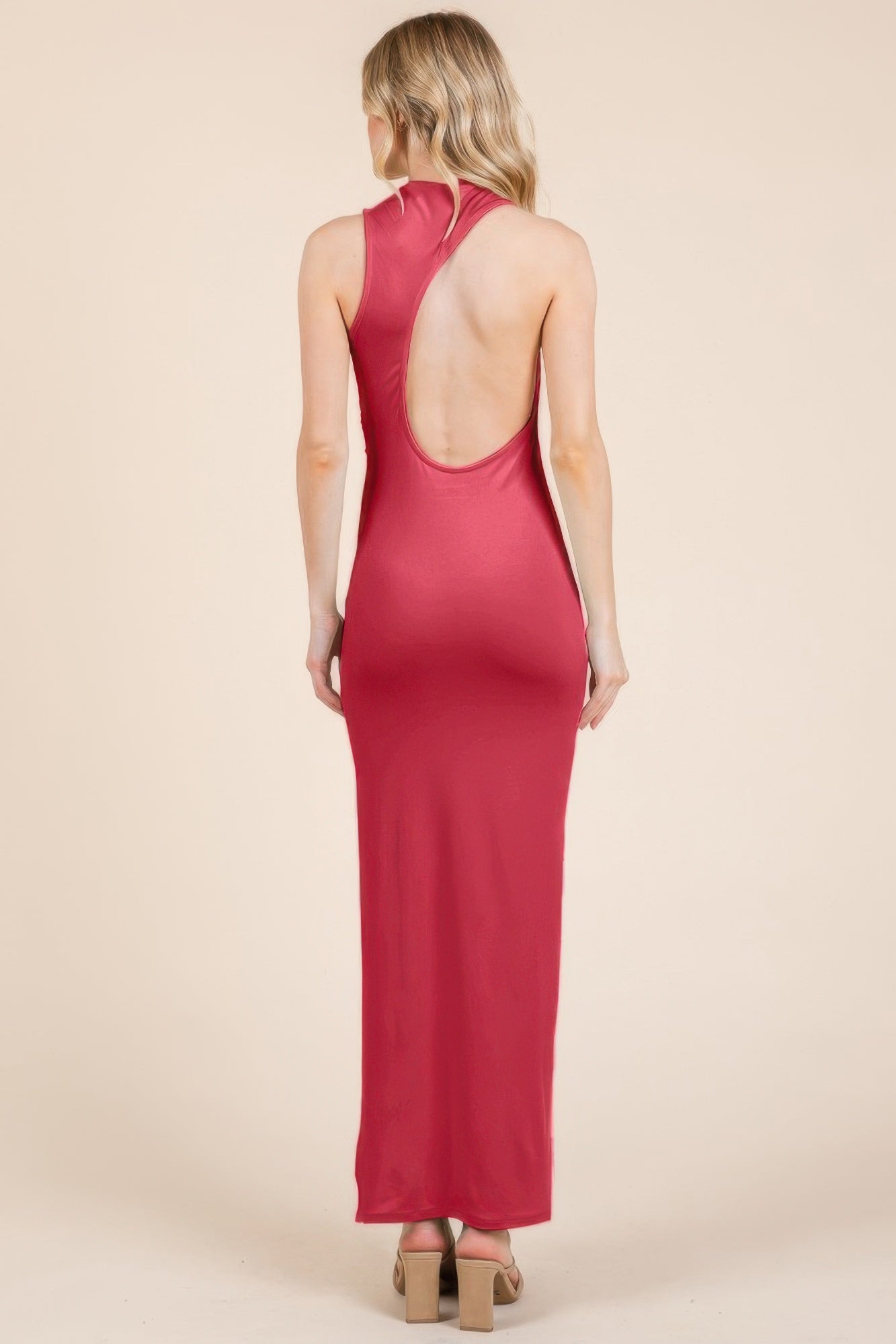 Back Cut Out Side Shirring Side Slit Maxi Dress - Fashions Envy