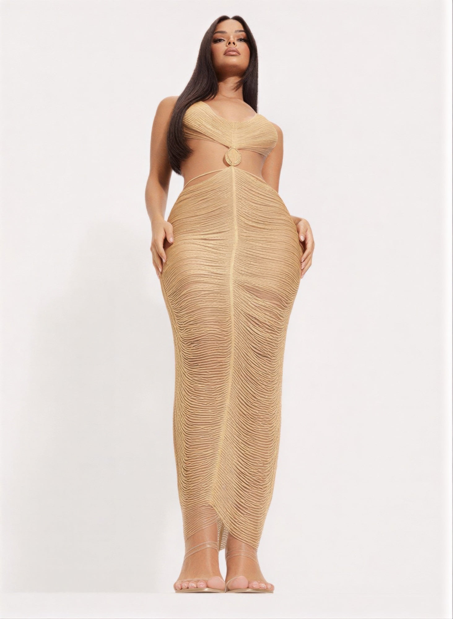 Gold Metallic Maxi Dress - Cut Open Back - Fashions Envy