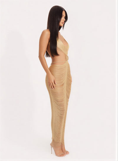 Gold Metallic Maxi Dress - Cut Open Back - Fashions Envy