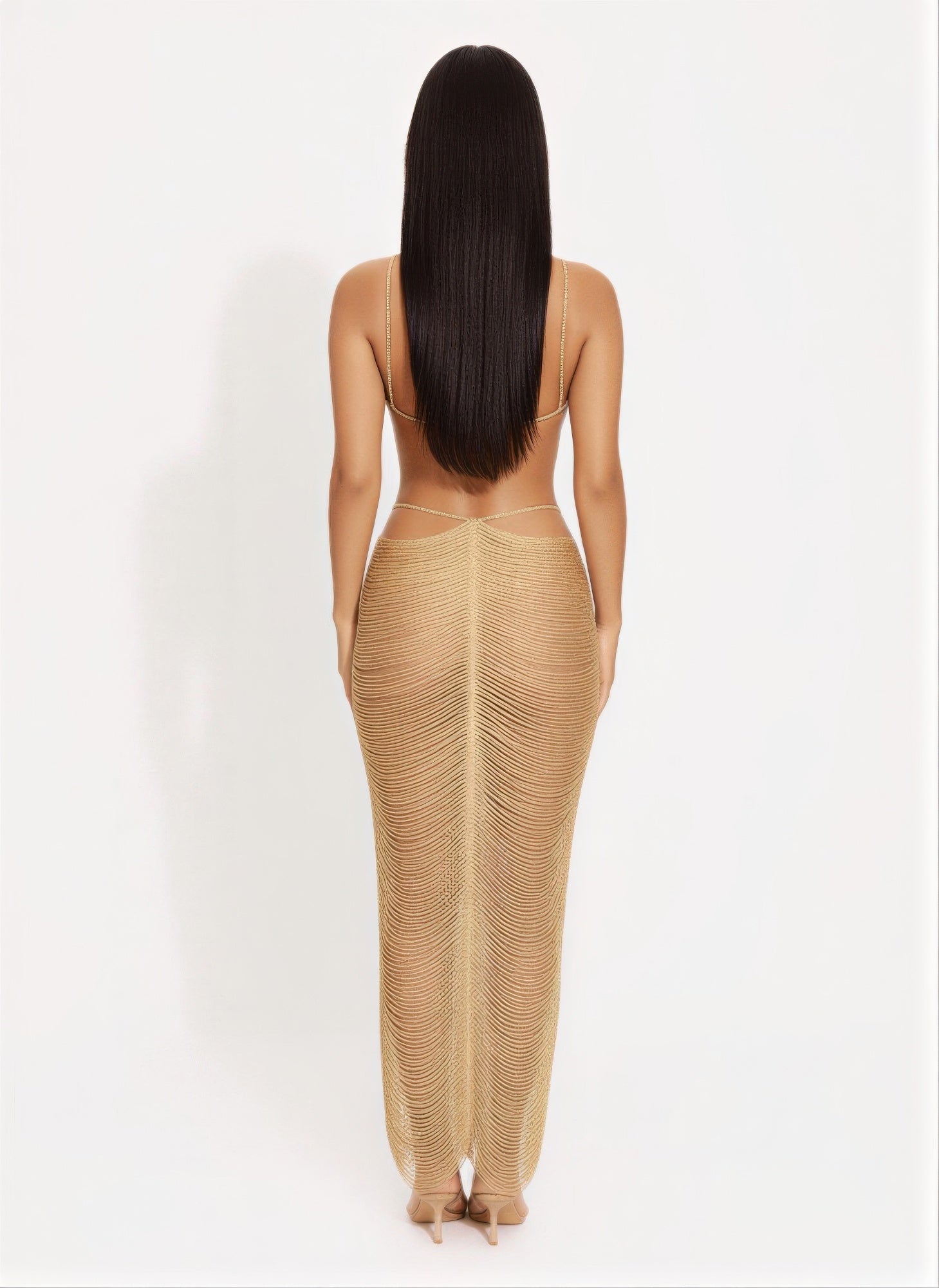 Gold Metallic Maxi Dress - Cut Open Back - Fashions Envy