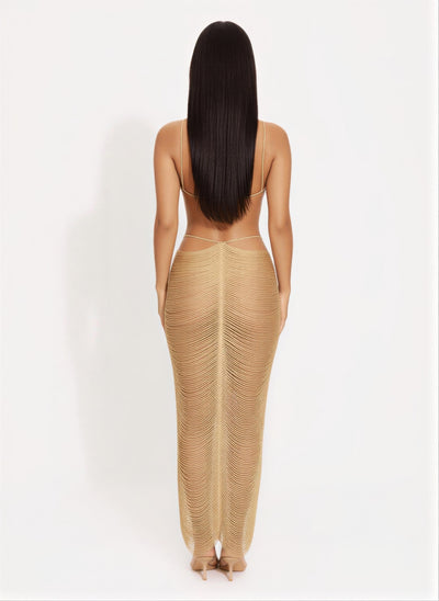 Gold Metallic Maxi Dress - Cut Open Back - Fashions Envy