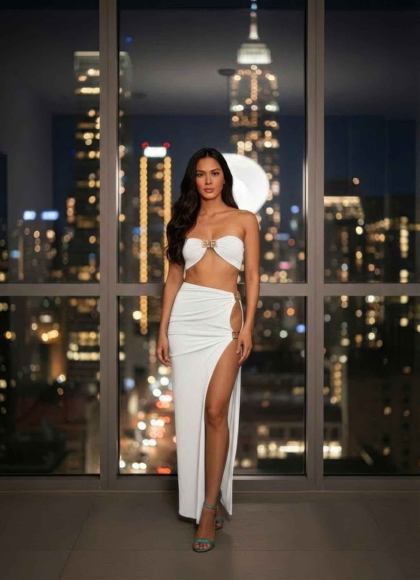 Bandeau Crop Top Maxi Skirt Set - Thigh High Slit