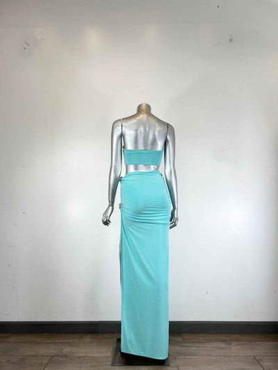 Bandeau Crop Top Maxi Skirt Set - Thigh High Slit