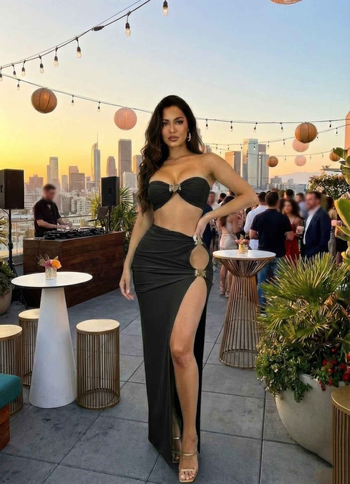 Bandeau Crop Top Maxi Skirt Set - Thigh High Slit