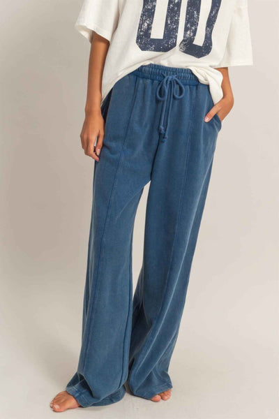 Acid Wash French Terry Wide-leg Pants - Side-seam Pockets