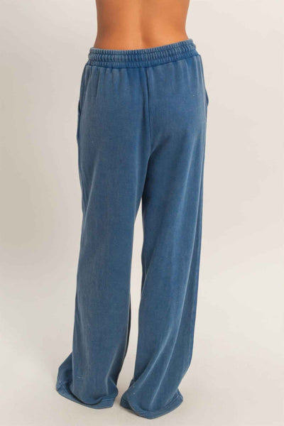 Acid Wash French Terry Wide-leg Pants - Side-seam Pockets