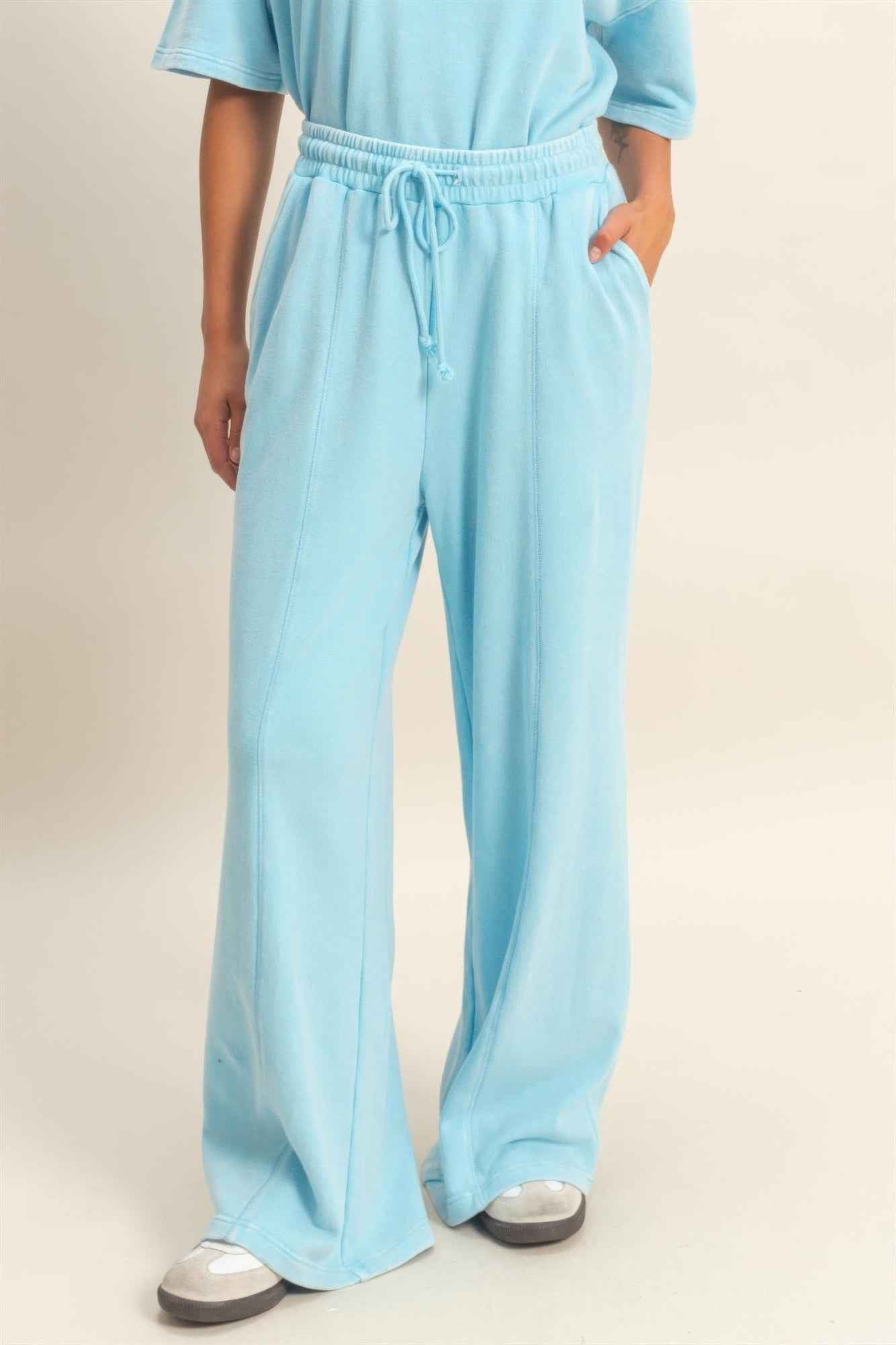 Acid Wash French Terry Wide-leg Pants - Side-seam Pockets