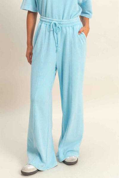 Acid Wash French Terry Wide-leg Pants - Side-seam Pockets