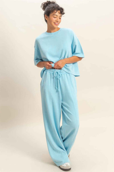 Acid Wash French Terry Wide-leg Pants - Side-seam Pockets