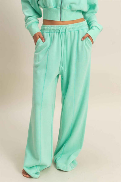 Acid Wash French Terry Wide-leg Pants - Side-seam Pockets