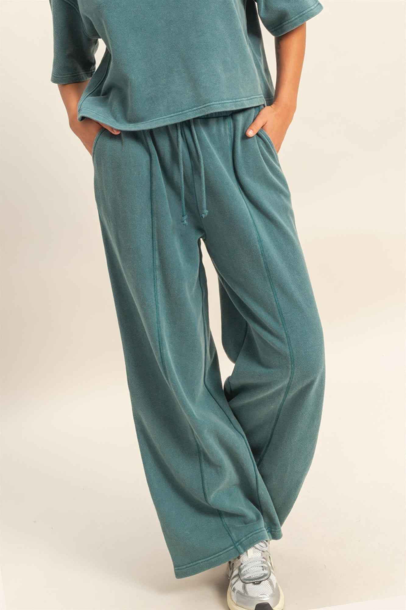 Acid Wash French Terry Wide-leg Pants - Side-seam Pockets