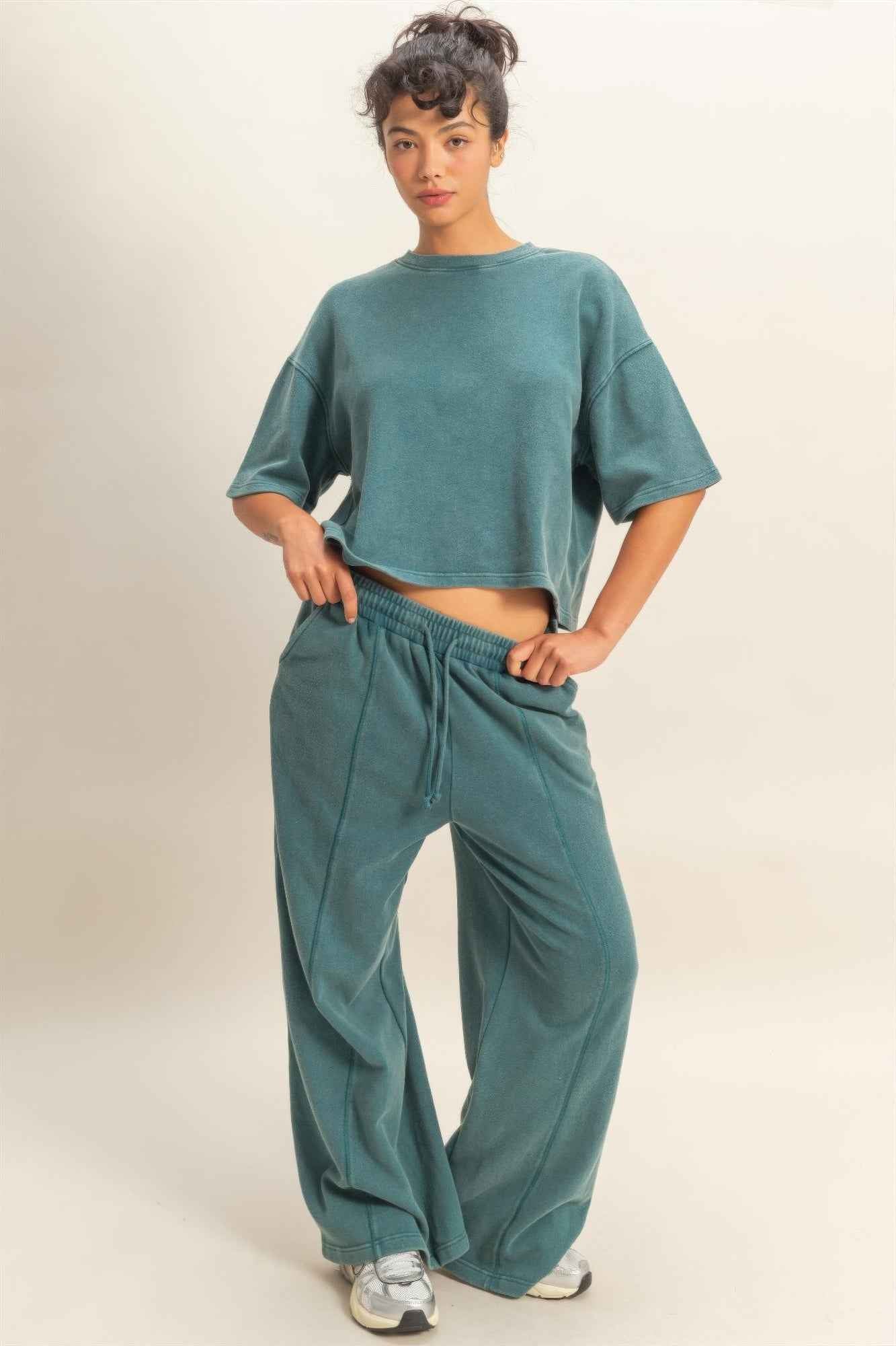 Acid Wash French Terry Wide-leg Pants - Side-seam Pockets