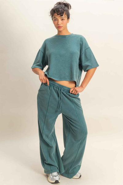 Acid Wash French Terry Wide-leg Pants - Side-seam Pockets