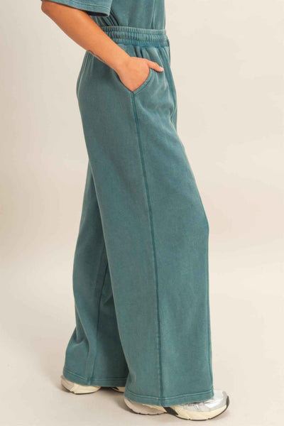 Acid Wash French Terry Wide-leg Pants - Side-seam Pockets