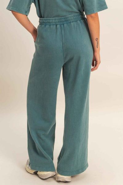Acid Wash French Terry Wide-leg Pants - Side-seam Pockets