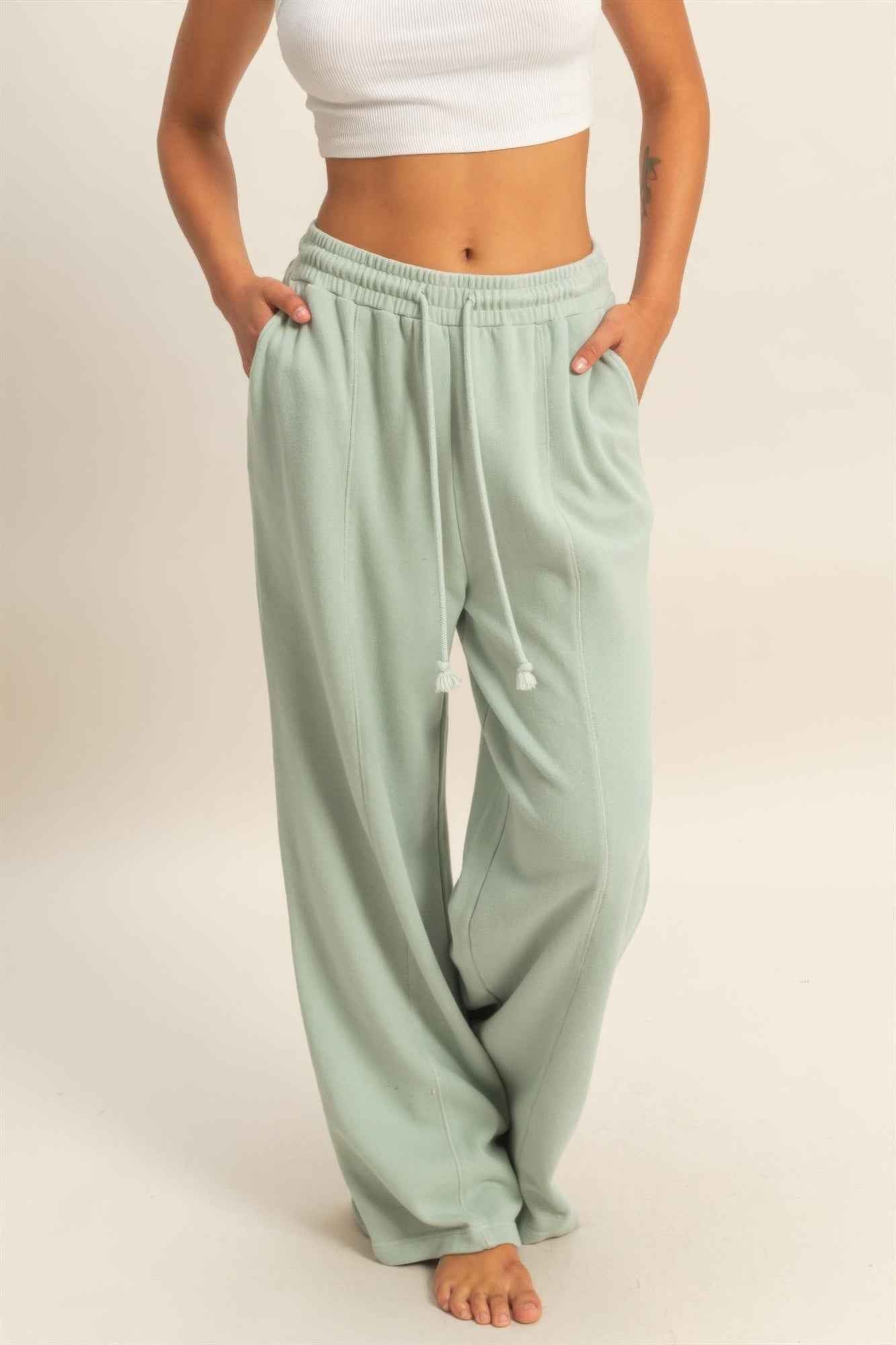 Acid Wash French Terry Wide-leg Pants - Side-seam Pockets