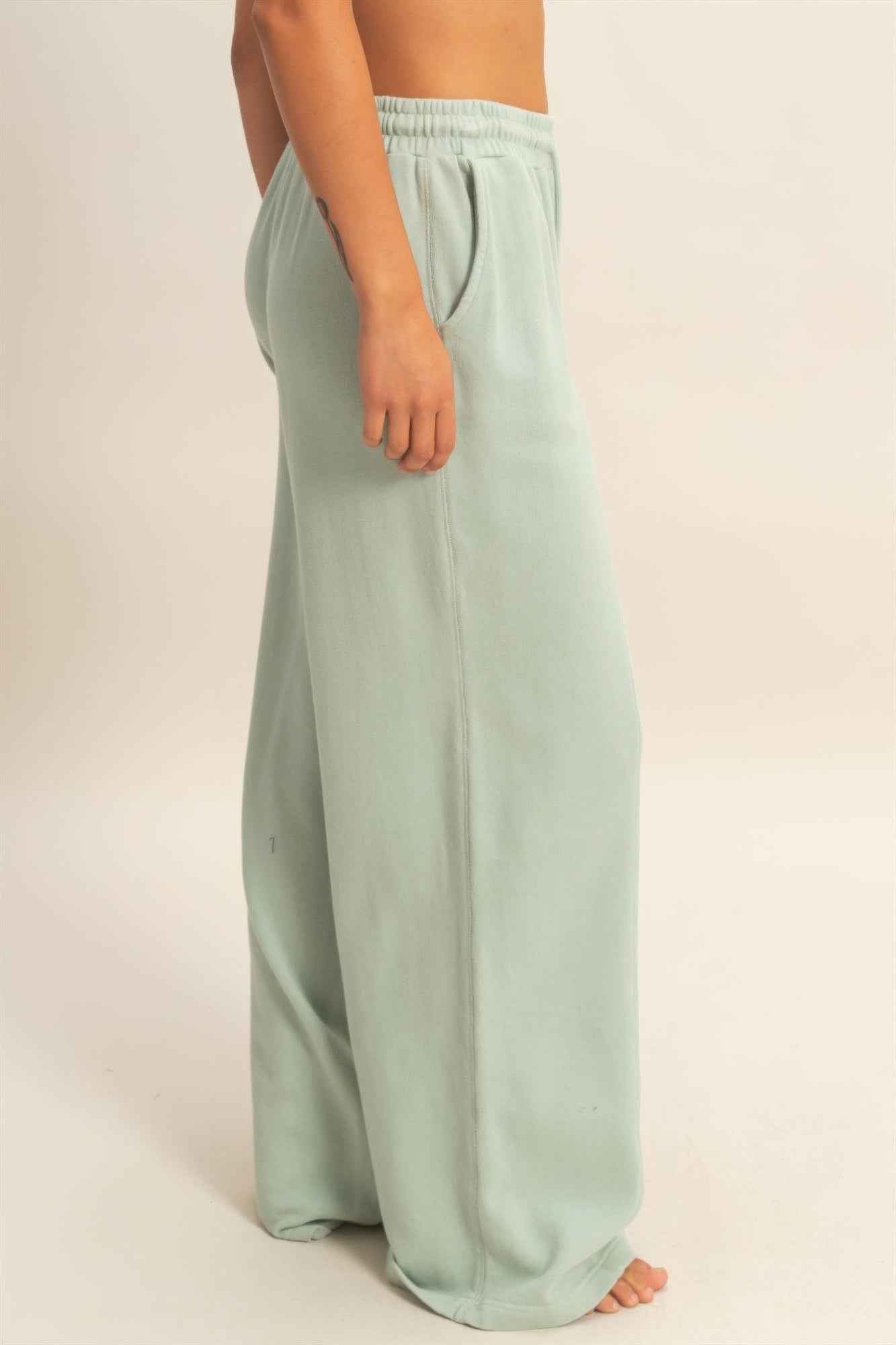 Acid Wash French Terry Wide-leg Pants - Side-seam Pockets
