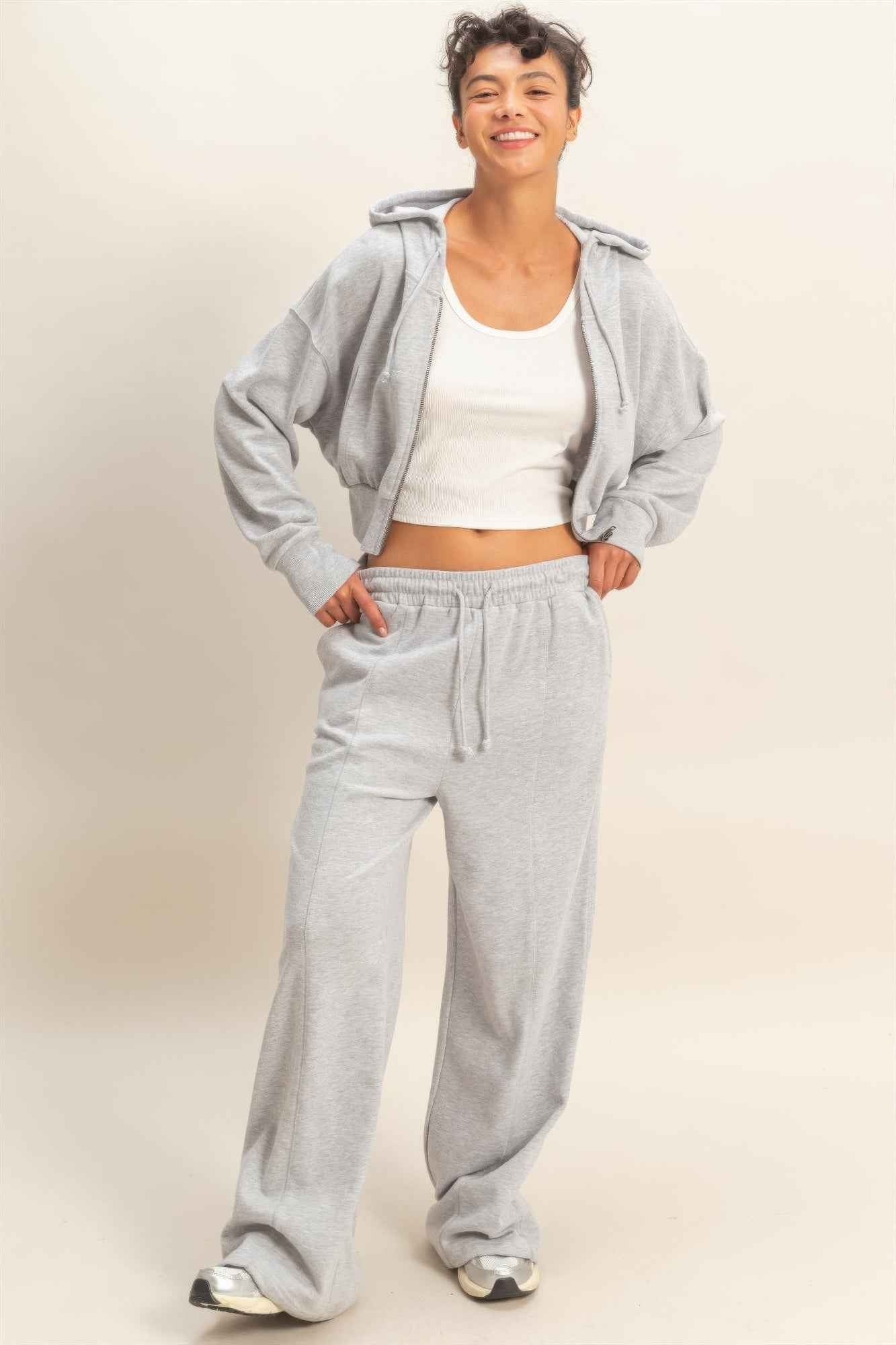 Acid Wash French Terry Wide-leg Pants - Side-seam Pockets
