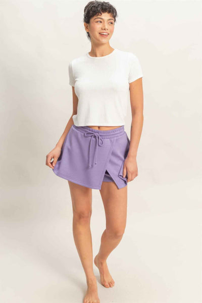 Wrap Front Elastic Waist Skort - Overlapping Wrap Front