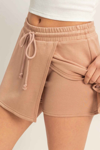 Wrap Front Elastic Waist Skort - Overlapping Wrap Front