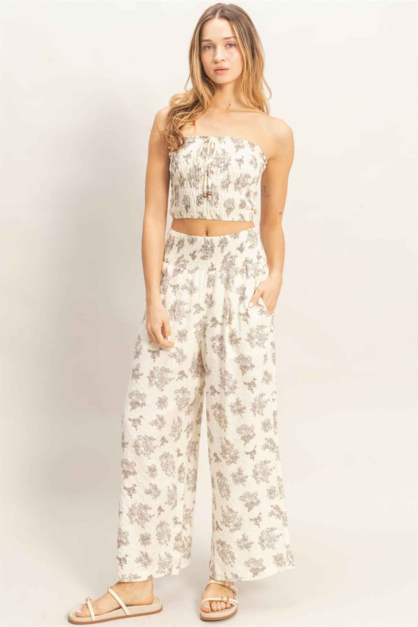 Wide Leg Pants Set - Tied Smocked Tube Top