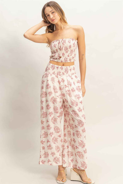 Wide Leg Pants Set - Tied Smocked Tube Top