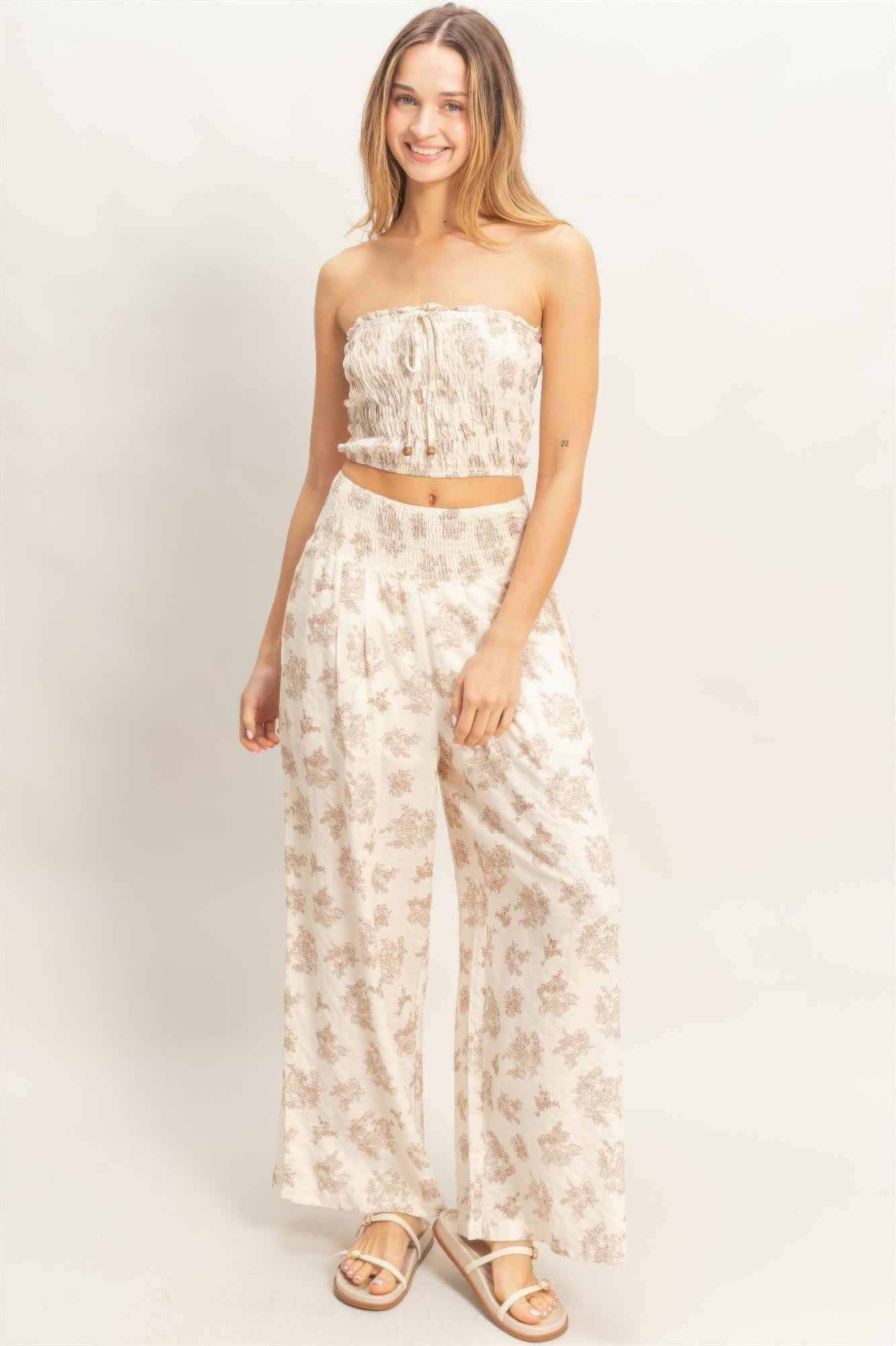 Wide Leg Pants Set - Tied Smocked Tube Top
