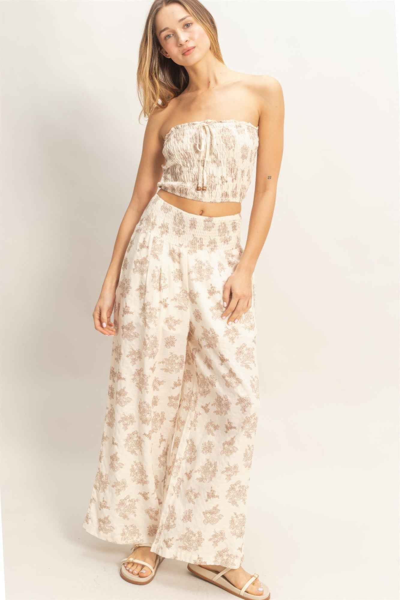 Wide Leg Pants Set - Tied Smocked Tube Top
