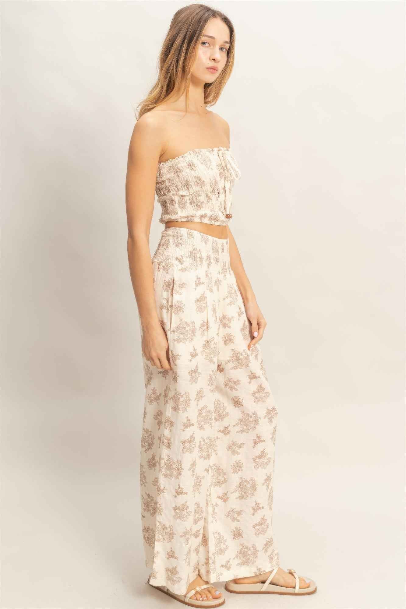 Wide Leg Pants Set - Tied Smocked Tube Top
