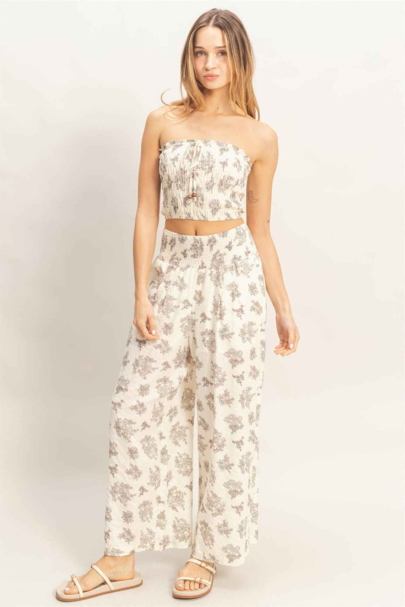 Wide Leg Pants Set - Tied Smocked Tube Top
