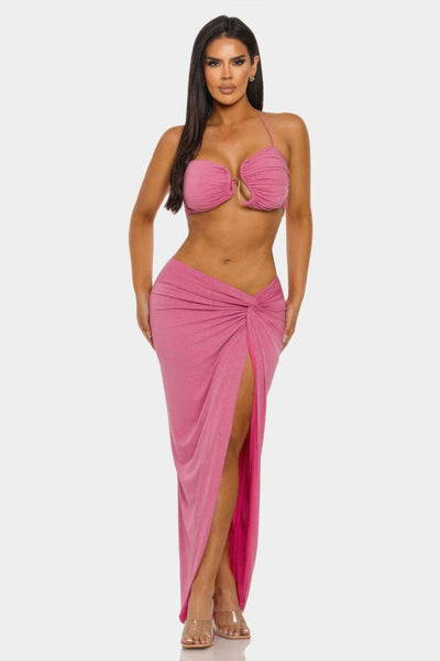 Halter Crop Top Maxi Skirt Set - Keyhole Cutout Shimmer Two Piece