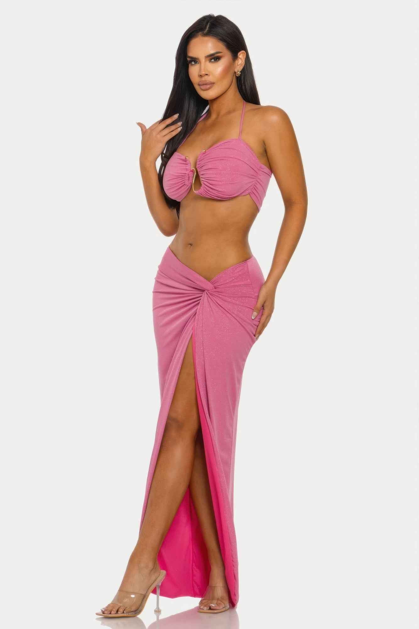 Halter Crop Top Maxi Skirt Set - Keyhole Cutout Shimmer Two Piece