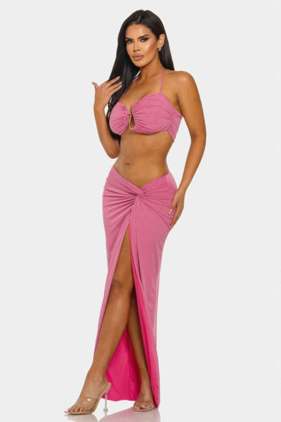 Halter Crop Top Maxi Skirt Set - Keyhole Cutout Shimmer Two Piece