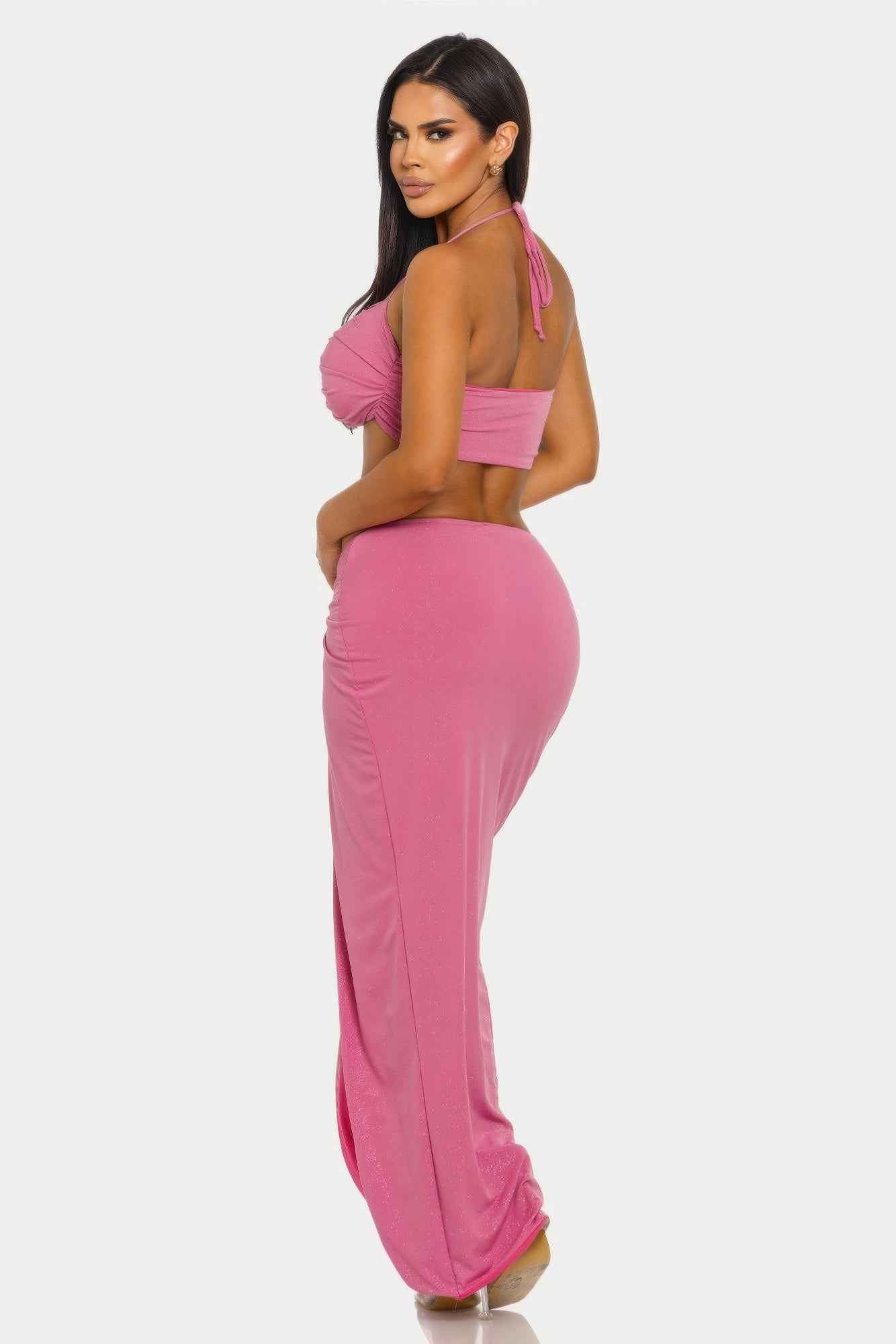 Halter Crop Top Maxi Skirt Set - Keyhole Cutout Shimmer Two Piece