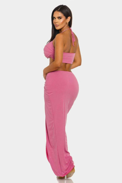 Halter Crop Top Maxi Skirt Set - Keyhole Cutout Shimmer Two Piece