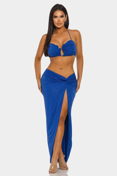 Halter Crop Top Maxi Skirt Set - Keyhole Cutout Shimmer Two Piece